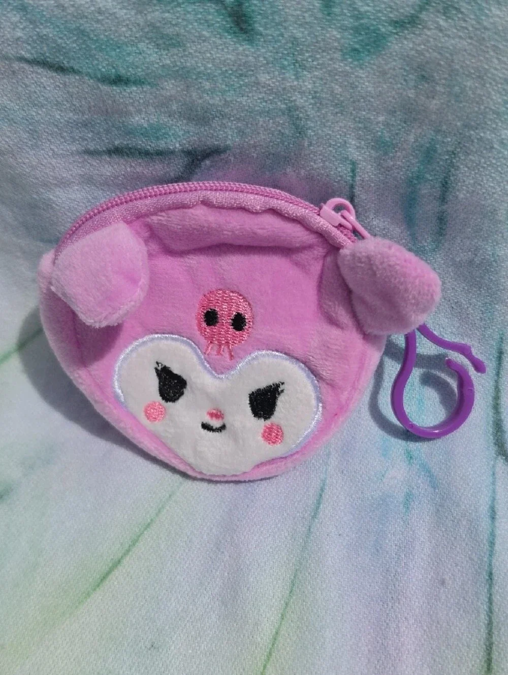 Kuromi Pink Plush Coin Pouch with Clip